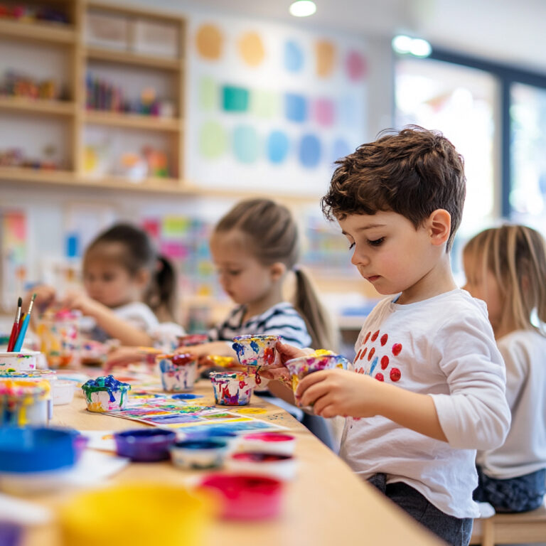 image kindergarten art corner with children painting crafting